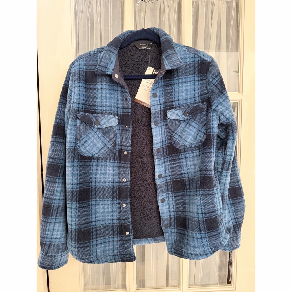 Blue & Navy Plaid Sherpa-Lined Shirt Jacket